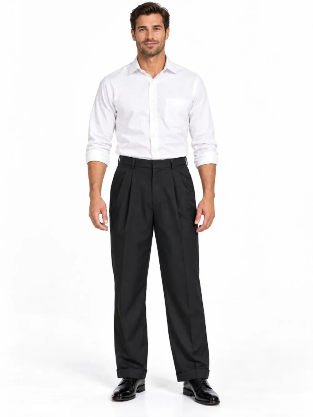 Roundtree & Yorke Men's 33/34 Black Pleated Cuffed Dress Pants Easy Care
